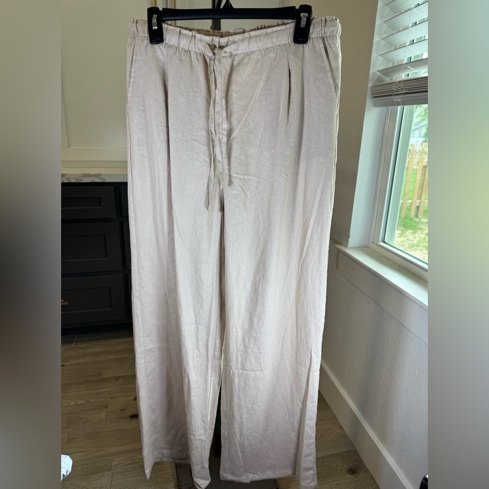 Love Tree women's Tan Pull-on Drawstring Linen blend wide leg pants Size L - NWT